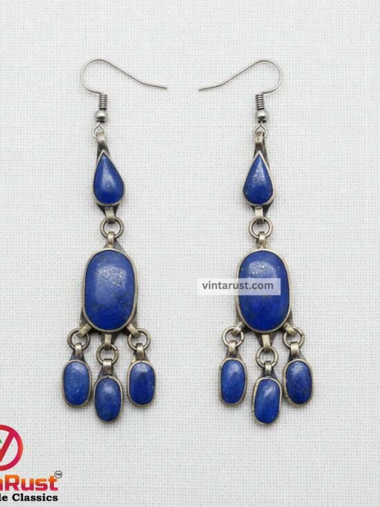 Handmade Lapis Lazuli Dangle Earrings, Boho Chic Lapis Lazuli Earrings - Picture 2 of 3